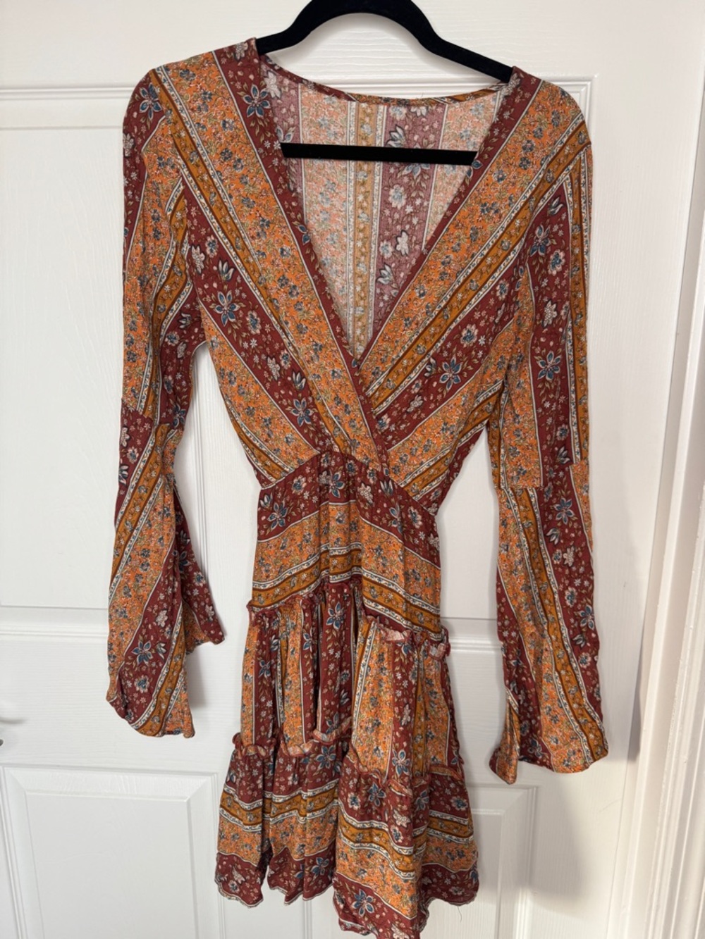 Boho Wrap-Style Floral Mini Dress in Rust and Mustard